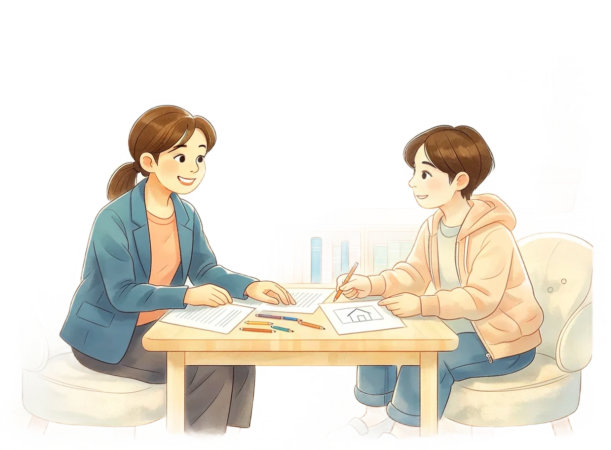 Illustration of a professional conducting an ASD assessment activity with a young person.